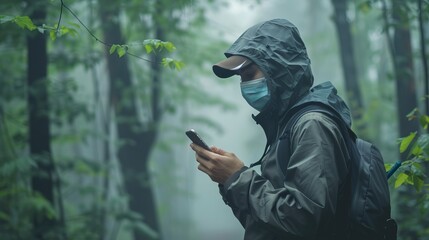 man scanning the weather on his mobile phone. ecological concept: allergies, headache, n95 pm 2.5 fr