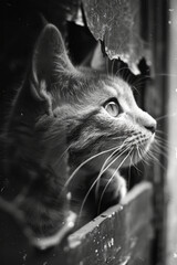 Aufkleber - Dynamic image of a cat with a torn outline, reflecting the confinement of felines in enclosed spaces,