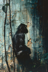 Poster - Illustration of a monkey with a broken form, gaps in its silhouette symbolizing its captivity and loss of natural behavior,