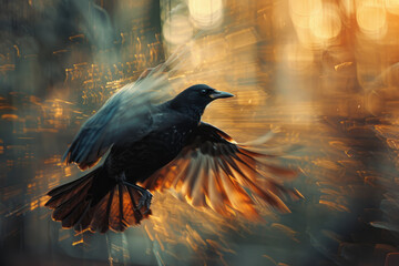 Poster - Dynamic image of a bird with abstract barriers slicing through its wings, preventing it from taking flight,
