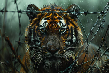 Poster - Artistic depiction of a tiger with strands of barbed wire wrapped tightly around its powerful frame, restricting its movement,