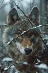 Wall Mural - Scene of a wolf with barbed wire coiling around its body, restricting its natural agility and freedom,