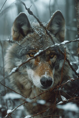 Sticker - Scene of a wolf with barbed wire coiling around its body, restricting its natural agility and freedom,