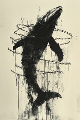 Aufkleber - Illustration of a whale with barbed wire cutting through its silhouette, representing the confinement of ocean creatures,