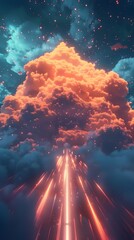 Poster - animated clouds carrying data streams symbolizing the flow of information in cloud computing