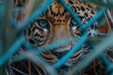 Aufkleber - Artistic portrayal of a leopard entangled in sharp, abstract barriers, symbolizing its restricted movement,