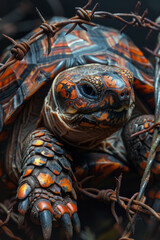 Aufkleber - Scene of a tortoise with barbed wire coiling around its shell and legs, preventing it from moving freely,