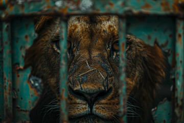 Aufkleber - Illustration of a lion in a fragmented cage, with broken bars and shattered walls emphasizing its confined space,