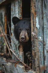 Wall Mural - Scene of a bear in a splintered wooden pen, the fractured boards illustrating its confinement,