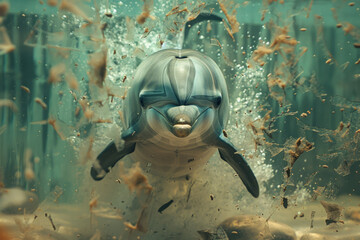 Aufkleber - Abstract image of a dolphin in a broken tank, with shards of glass floating in the water,