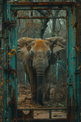 Aufkleber - Illustration of an elephant in a fragmented zoo habitat, with distorted trees and broken barriers,