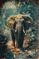 Wall Mural - Illustration of an elephant in a fragmented zoo habitat, with distorted trees and broken barriers,