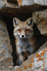 Aufkleber - Dynamic image of a fox in a distorted burrow, with fractured walls creating a sense of restriction,