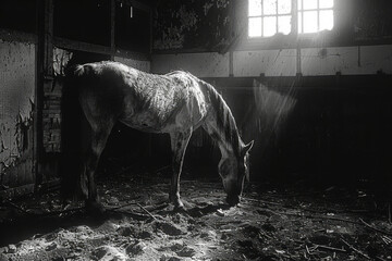 Aufkleber - Artistic portrayal of a horse in a shattered stable, the cracked walls and floor highlighting its limited space,