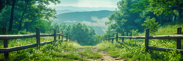 Wall Mural - Idyllic Countryside Morning with Rolling Hills and Mist, Peaceful Meadow Under a Clear Blue Sky
