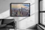 Fototapeta  - big skyline New York City panorama after sunset at night. View into a modern living room
