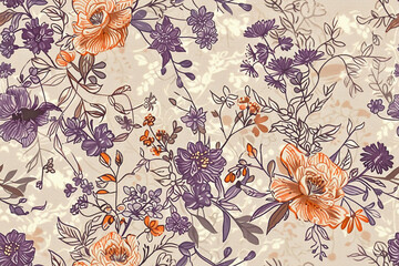 Poster - A floral patterned fabric with a mix of purple and orange flowers