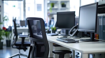 Poster - A well-equipped workplace featuring an ergonomic chair, dual monitors, and a clean desk in a bright office setting