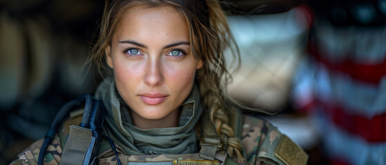 Wall Mural - Military Female Soldier Standing Proudly with the USA Flag and Copy Space in the Background