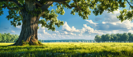 Wall Mural - Lone Tree in a Vibrant Yellow and Green Meadow, Symbolizing Solitude and Natural Beauty