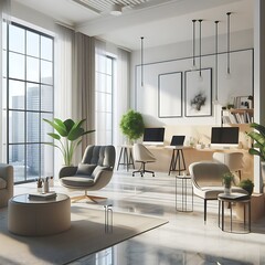 A office room with a mockup poster empty white and with a large window and a large desk and chairs realistic image harmony art.