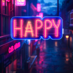 Wall Mural - A neon signboard-style image with the word 'Happy' illuminated in lively neon colors