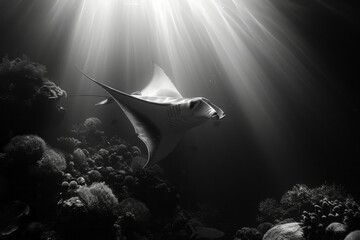 Dynamic image of angelfish positioned to form the shape of a giant, invisible manta ray gliding through the water,