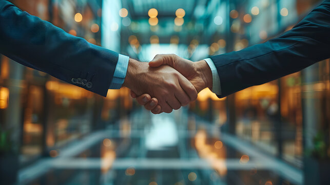 Two business partners engaging in a handshake amidst a bustling modern office environment, symbolizing successful negotiations and partnership agreements. 