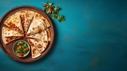 Wall Mural - Authentic mexican quesadillas with melted cheese on blue plate, space for text, minimalistic concept