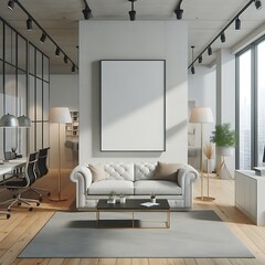 Wall Mural - A Room with a mockup poster empty white and with a couch and a table and chairs in office realistic card design realistic lively has illustrative.