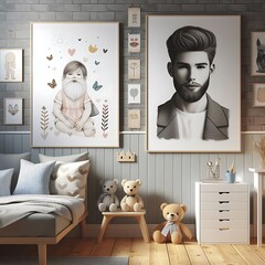 Wall Mural - A Room with a mockup poster and with a couch and pictures of a man and a beard realistic card design attractive harmony card design.