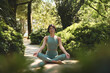 © insta_photos - Happy calm mindful young Hispanic woman meditating doing yoga breathing exercises with eyes closed feeling peace of mind, mental balance sitting in lotus pose in green nature tropical park outdoors.
