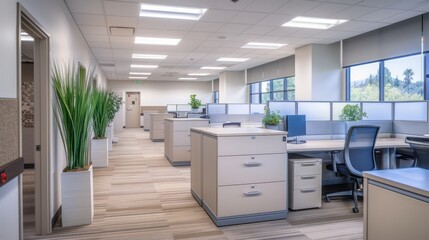 Poster - A well-lit, spacious modern office floor with empty cubicles, ergonomic chairs, and large windows offering a view of greenery