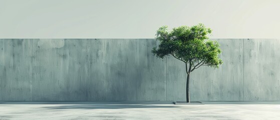 Wall Mural - A tree is standing in front of a concrete wall