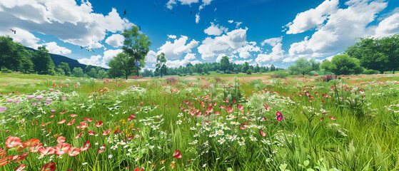 Wall Mural - Lush Summer Meadow with Bright Wildflowers, Tranquil Rural Landscape Under Blue Sky