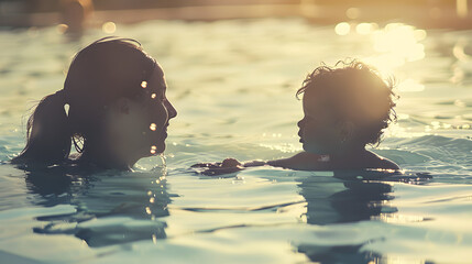 Wall Mural - child playing in the pool together with mother.