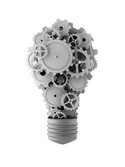 Poster - A light bulb shape composed of interconnected gears, photorealistic style, against a white background, symbolizing innovation