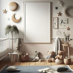 Wall Mural - A Room with a mockup poster empty white and with teddy bears and toys realistic attractive lively art meaning.