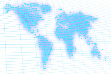 Poster - Abstract pixelated world map on grid lines, digital concept on a light background