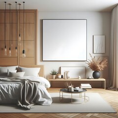 Wall Mural - bedRoom with a mockup poster empty white and sets have mockup poster empty white have mockup poster empty white with a bed and a large picture frame attractive bring spirit.