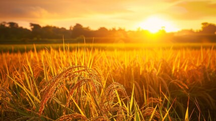 Poster - A golden rice field bathed in the warm glow of the setting sun, ready for harvest