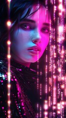 Wall Mural - Futuristic portrait of a young woman in neon light