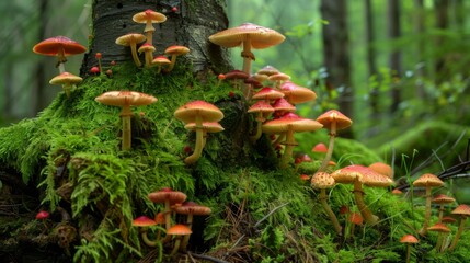 Poster - A variety of mushrooms flourishing at the base of a moss-covered tree in the woods