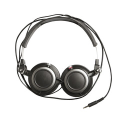 Poster - Over-ear headphones with a cable on a white background, illustrating technology and music concept, a photorealistic image