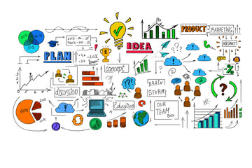 Aufkleber - A colorful hand-drawn business concept sketch with various charts, icons, and symbols on a white background, illustrating strategy and planning