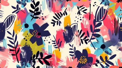 : Playful and colorful abstract pattern with brush strokes and flowers in Memphis style, perfect for brochures and vintage posters.