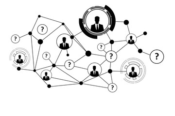 Wall Mural - A network graphic with silhouetted figures and question marks, in black and white, on a white background, representing a concept of connections and queries