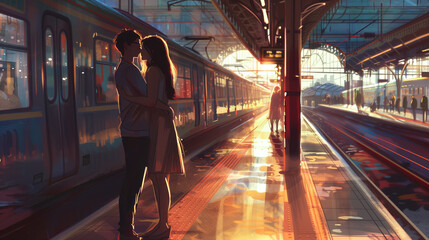 Poster - Couple sharing whispered words of love as they embrace on the platform