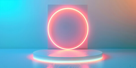 Wall Mural - White podium with glowing neon circle on pastel background,