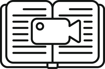 Poster - black line art vector illustration of an open book with a video icon, symbolizing video tutorials or